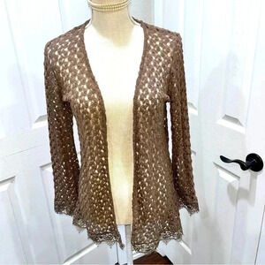 Monteau open knit, open front, lace trim duster / kimono